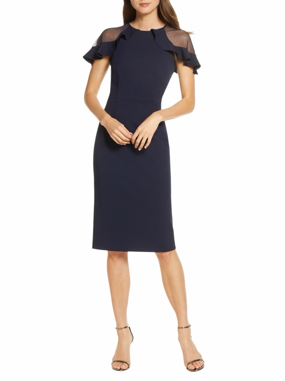 Eliza J Ruffle Shoulder Cocktail Dress Navy Blue Sheath Sheer 12